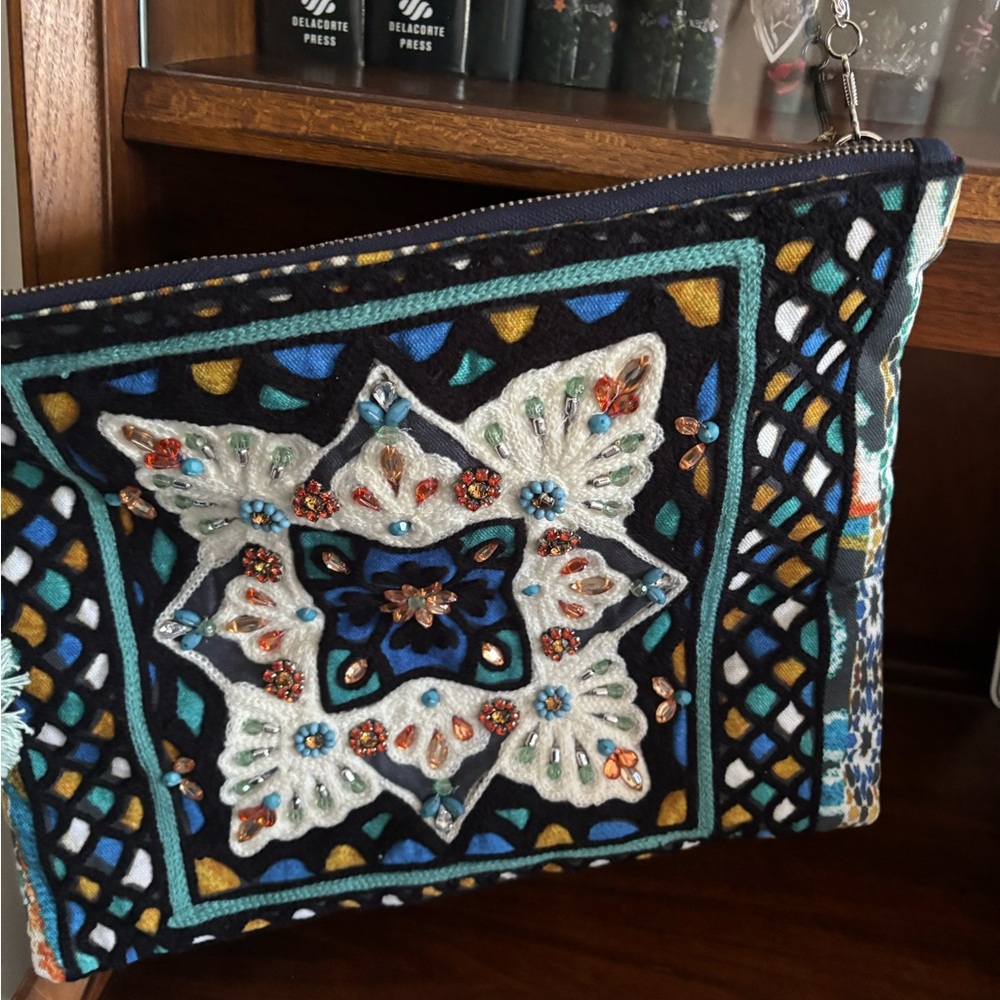 Steve Madden Embellished Black, White & Teal Mosaic Cosmetic Clutch